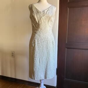 50s / 60s vintage Cream and silver Silk textured Cocktail Dress Wedding | Medium